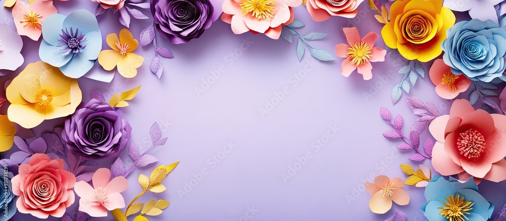 Fototapete Frame adorned with colorful paper flowers on a violet background crafted from paper. with copy space image. Place for adding text or design