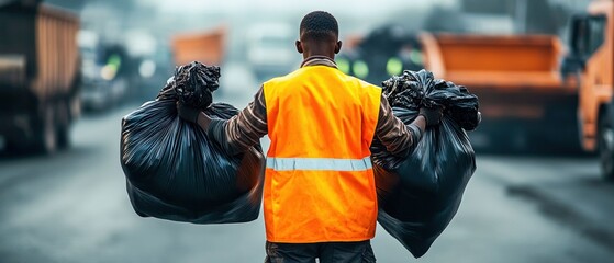 Garbage Worker Carrying Trash Bags on the Street. Generative ai