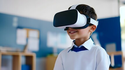 Young boy of Indian ethnicity using a VR headset in a classroom setting.