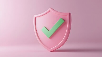 
cartoon 3d Icon safety shield green check mark perspective . pink symbol security safety icon. Green Checkmark in minimalistic style. 3d vector illustration. white background