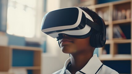 Young boy with VR headset exploring virtual reality in a modern classroom setting.