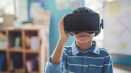 Young boy experiencing virtual reality with VR headset in a bright classroom.