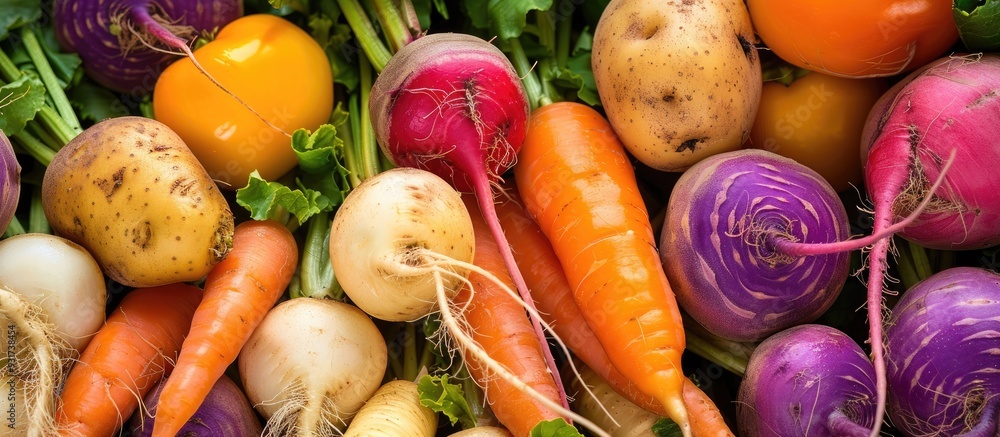 Aufkleber Close up of a row of root vegetables on a tabletop. with copy space image. Place for adding text or design