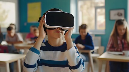 Young boy using VR headset in classroom with other students in the background.