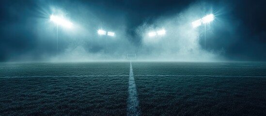 Football on a brightly lit vacant sports field at night illuminated by powerful spotlights in a low angle perspective with shadows mist and copy space