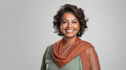 middle aged indian woman laughing on white background