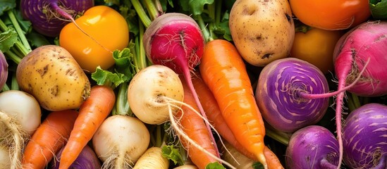 Close up of a row of root vegetables on a tabletop. with copy space image. Place for adding text or design