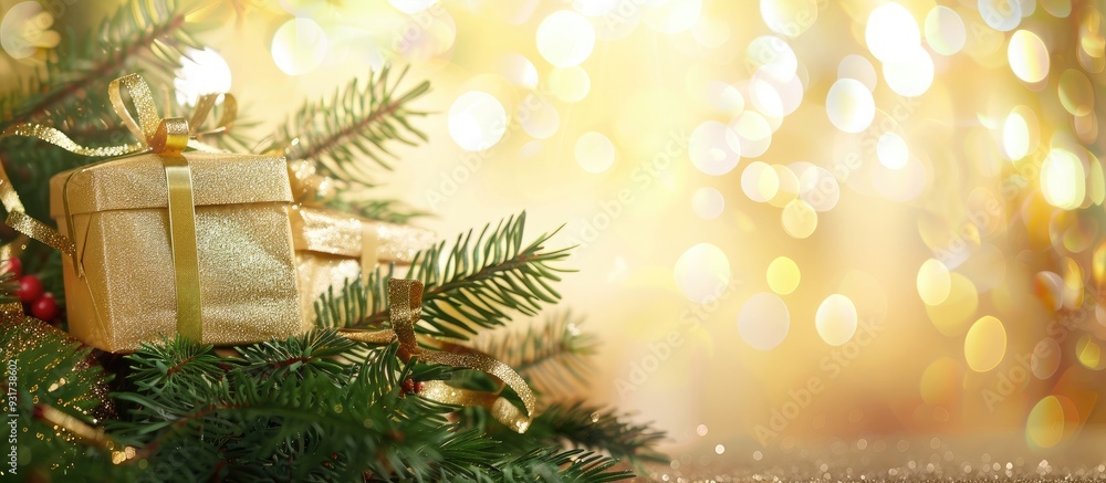 Poster christmas background featuring gift boxes wrapped in kraft paper alongside a fir tree branch against
