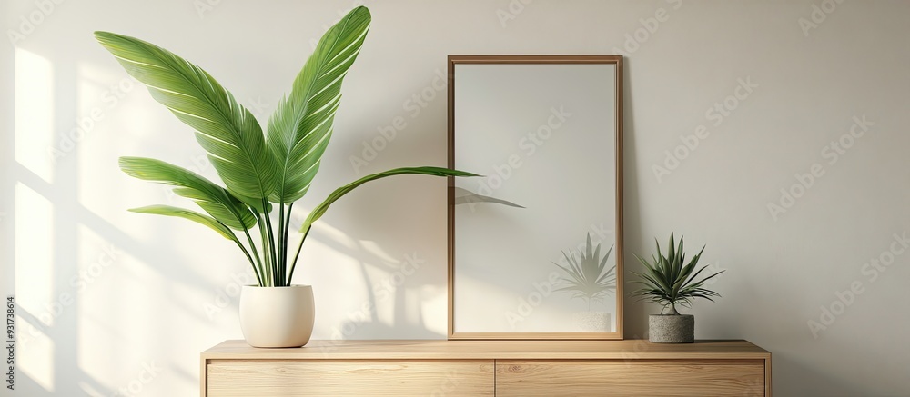 Poster Plant on a wooden cabinet positioned between a mirror and a rack in a contemporary anteroom with a poster Real photo. with copy space image. Place for adding text or design