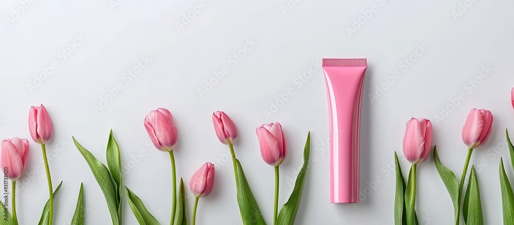 Poster pink cosmetic tube set against a white background with tulips. with copy space image. place for addi