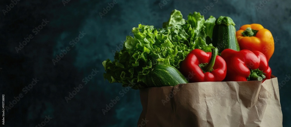 Leinwandbilder close up of fresh vegetables in an eco friendly paper bag set against a dark background clean vegan 