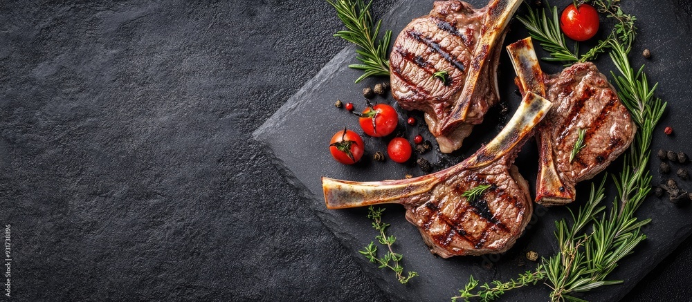 Aufkleber Homemade Grilled Organic Lamb Chops with Rosemary and Fragrant Herbs. with copy space image. Place for adding text or design