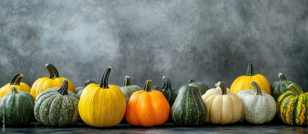 Fototapete bunches of squash form a natural border around an empty area with copyspace on the table