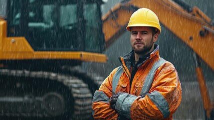 Labour work on construction side in Havey Rain Construction worker is standing in the rain in front of large construction vehicle