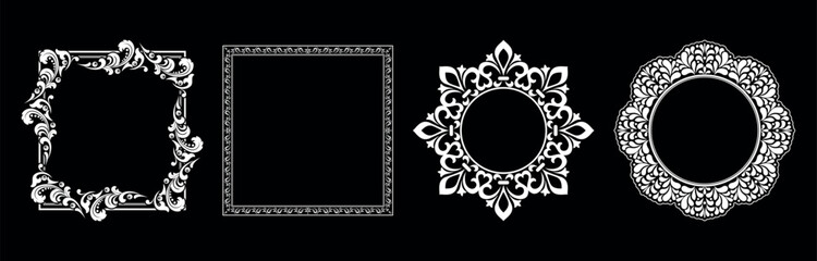 Set of decorative frames Elegant vector element for design in Eastern style, place for text. Floral black and white borders. Lace illustration for invitations and greeting cards.
