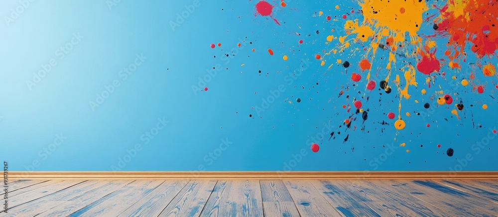 Poster vivid paint splatters on a blue wall beside a hardwood floor. with copy space image. place for addin