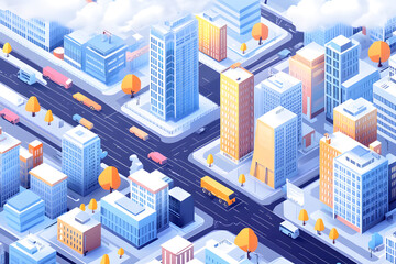 Isometrische Darstellung einer modernen Stadt mit Stra&szlig;en und Geb&auml;uden