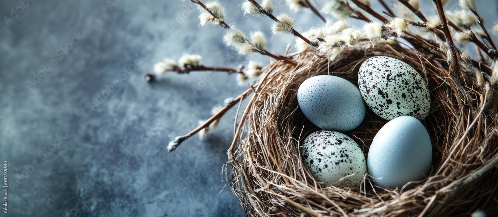 Poster natural eggs in a nest alongside pussy willow branches a simple and stylish easter decoration for ta