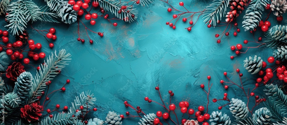 Poster Christmas border featuring paper decorations fir branches and berries set against a dark turquoise background. with copy space image. Place for adding text or design
