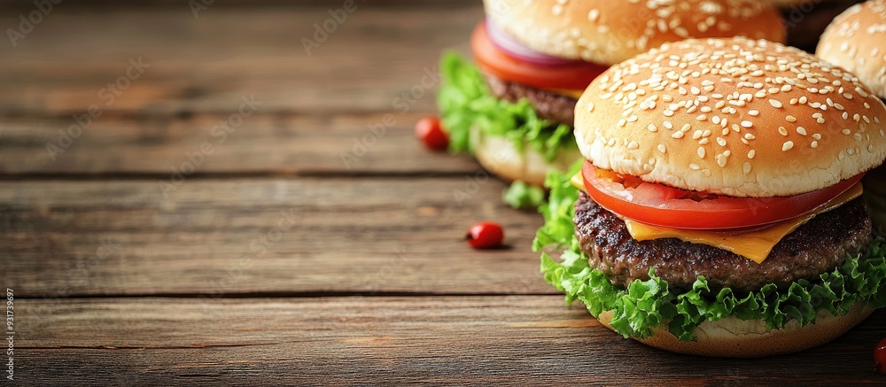 Poster close up of homemade burgers on a wooden surface. with copy space image. place for adding text or de