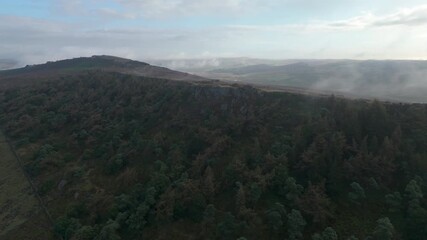Summer drone b roll footage of heather in Peak District National Park, UK.