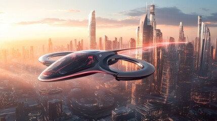 A concept of a futuristic flying car gliding effortlessly above a sprawling city, blending seamlessly with advanced architecture.