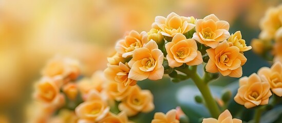 Yellow calanchoe blooms Yellow flowers against a yellow backdrop Close up Copy space