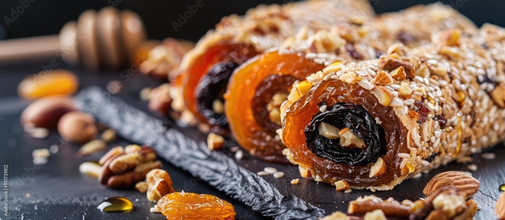 Leinwandbilder healthy vegetarian snack rolled with prunes dried apricots nuts and honey on a black background. wit
