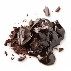 Fototapeta premium A close-up of melted dark chocolate with chocolate shavings on a white background.