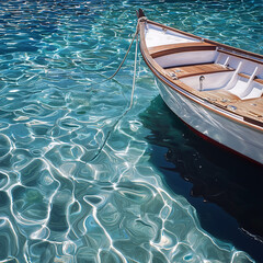 Obraz premium Wooden boat on crystal clear turquoise water