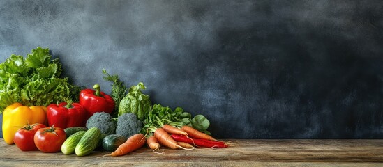 Close up of fresh farm vegetables arranged on a wooden table alongside a black chalkboard highlighting copy space