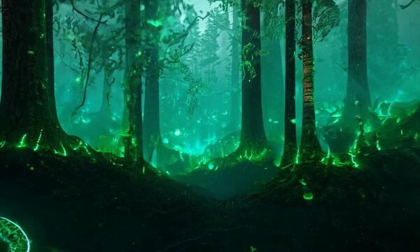 Futuristic Forest with Glowing Bioengineered Trees