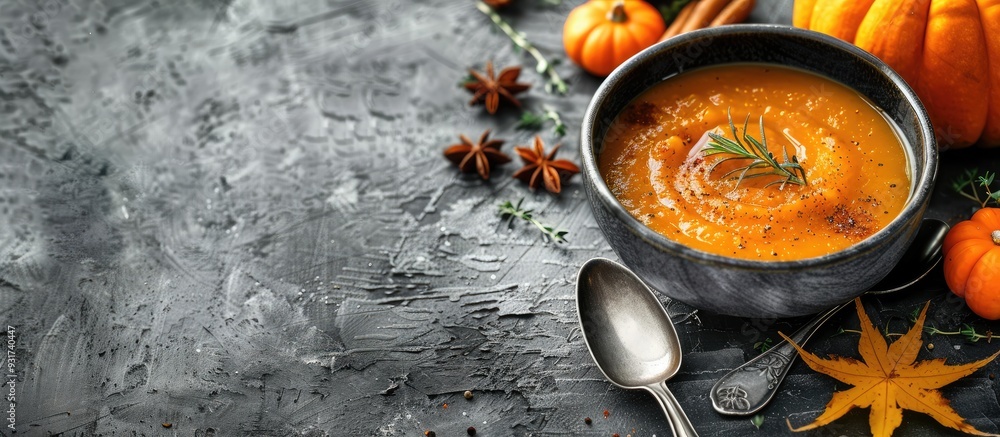 Aufkleber squash soup served in a pumpkin bowl on a grey textured backdrop with copy space top view image of a