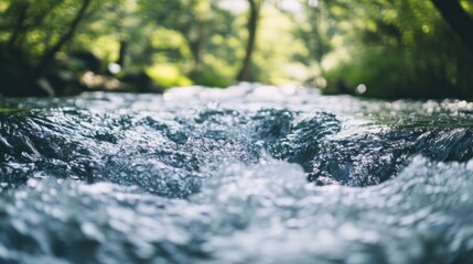 Fototapeta premium A focused image of a running river, the camera lens capturing the movement of water in sharp detail.