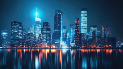 Obraz premium A financial district skyline at night, with lights from office buildings and stock tickers visible, symbolizing the heartbeat of global finance.