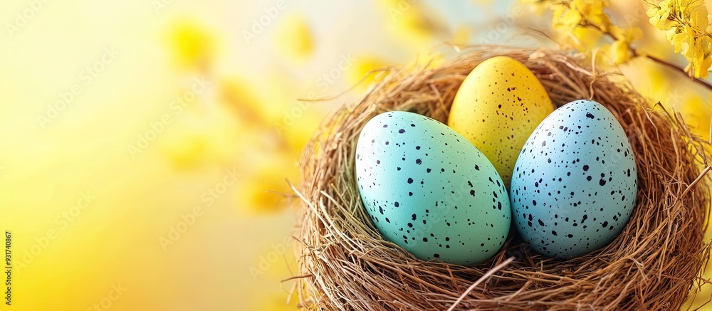 Poster Nest with lovely Easter eggs on a colorful background. with copy space image. Place for adding text or design