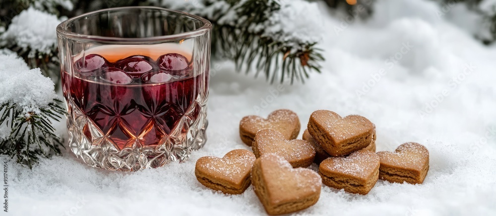 Aufkleber homemade red cherry tincture in a crystal wine glass alongside heart shaped christmas cookies on whi