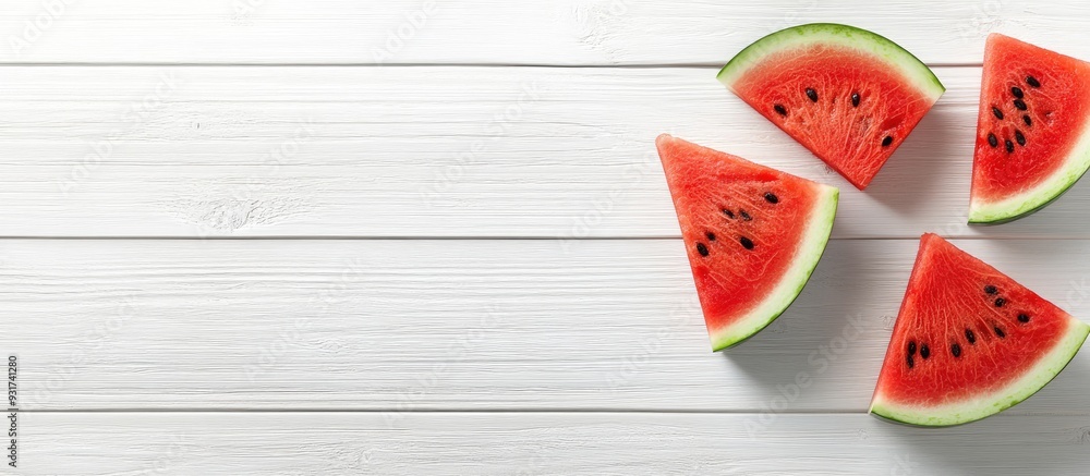 Fototapete watermelon slices on a white wooden background. with copy space image. place for adding text or desi