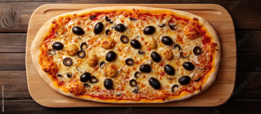 Poster homemade greek oval pizza topped with whole olives and cheese top view. with copy space image. place