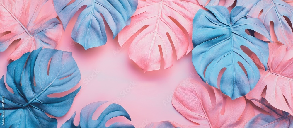 Poster tropical leaves against a pastel pink background top view. with copy space image. place for adding t
