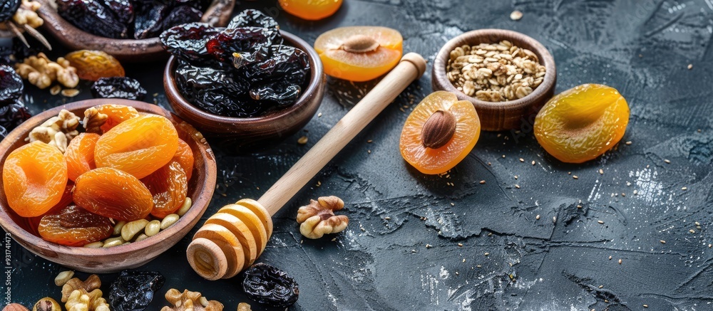 Fototapete healthy vegetarian snack rolled with prunes dried apricots nuts and honey on a black background. wit