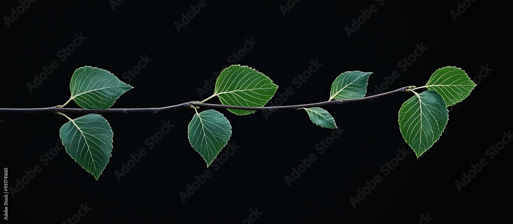 Poster birch leaves on a branch against a dark black background with copy space