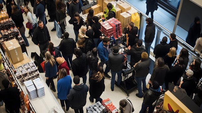 Diverse crowd of shoppers in store, bustling atmosphere and busy aisles.