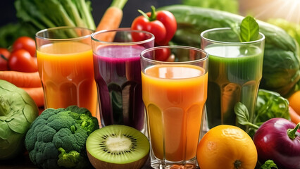 Glasses with fresh organic vegetable and fruit juices
