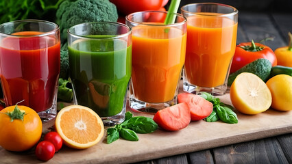 Glasses with fresh organic vegetable and fruit juices
