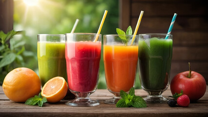 Fototapeta premium Glasses with fresh organic vegetable and fruit juices 