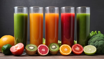 Fototapeta premium Glasses with fresh organic vegetable and fruit juices 