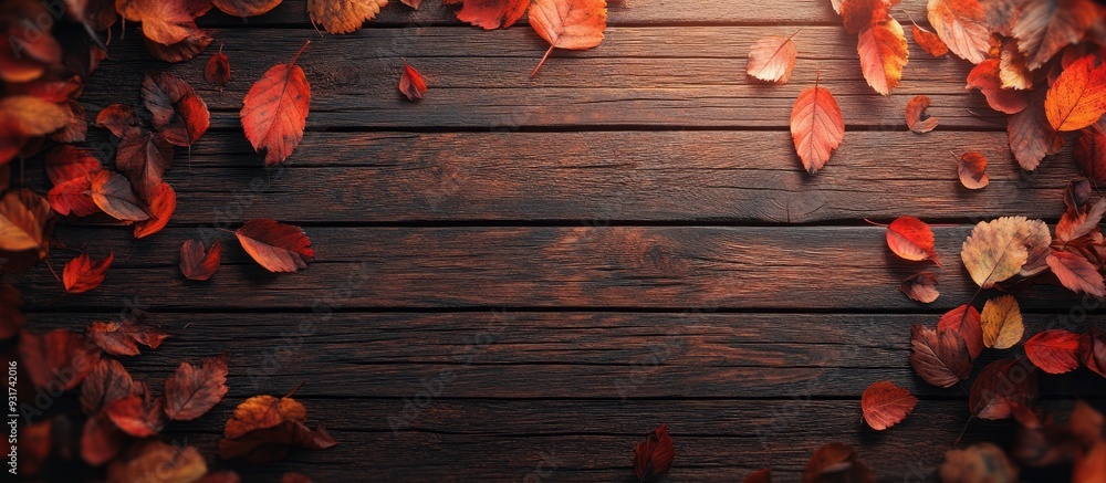 Poster autumn leaves on a wooden background. with copy space image. place for adding text or design