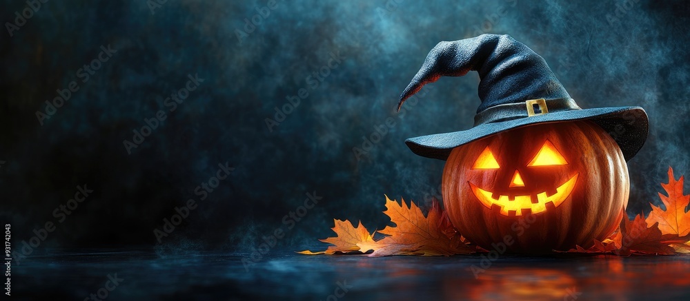 Poster a pumpkin donning a halloween witch hat with maple leaves against a dark background. with copy space