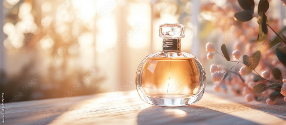 Poster beautiful clear bottle of perfume with a blurred background. with copy space image. place for adding